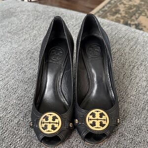 Tory Burch Black and Gold Peep-Toe Heels